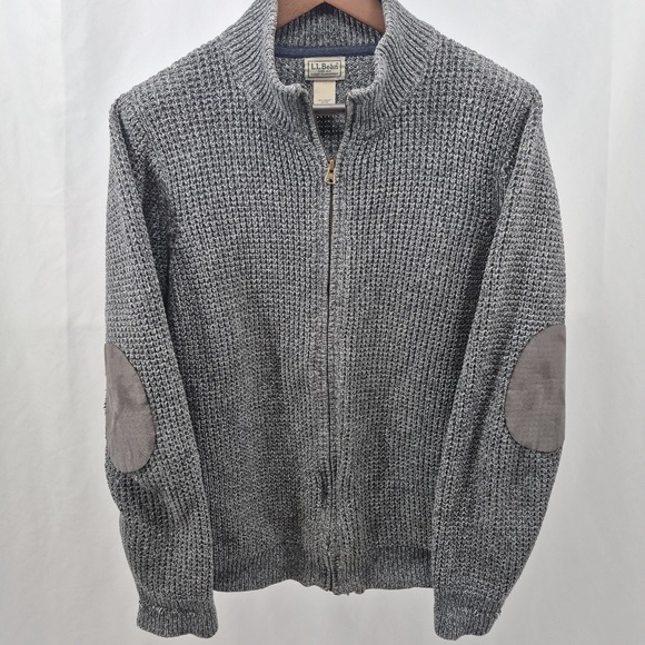 LL Bean Sweater Mens Large Gray Full Zip Elbow Pad Waffle Knit Grandpa Core - Picture 2 of 10